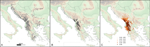 A: az összes vizsgált lelőhely; B: a Montenegrina genusz jelenlét adatai; C: a Montenegrina genusz előfordulási valószínűséggel definiált areája